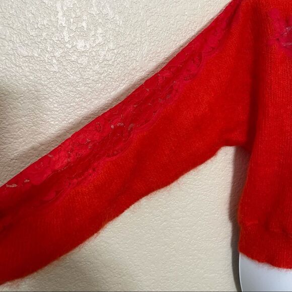 Vintage Red Italian Mohair and Wool Fuzzy Pullover Sweater With Lace Sleeves - Picture 14 of 15